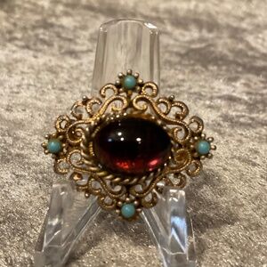 Vintage JJ Jonette Diamond Shaped Brooch with Red Center